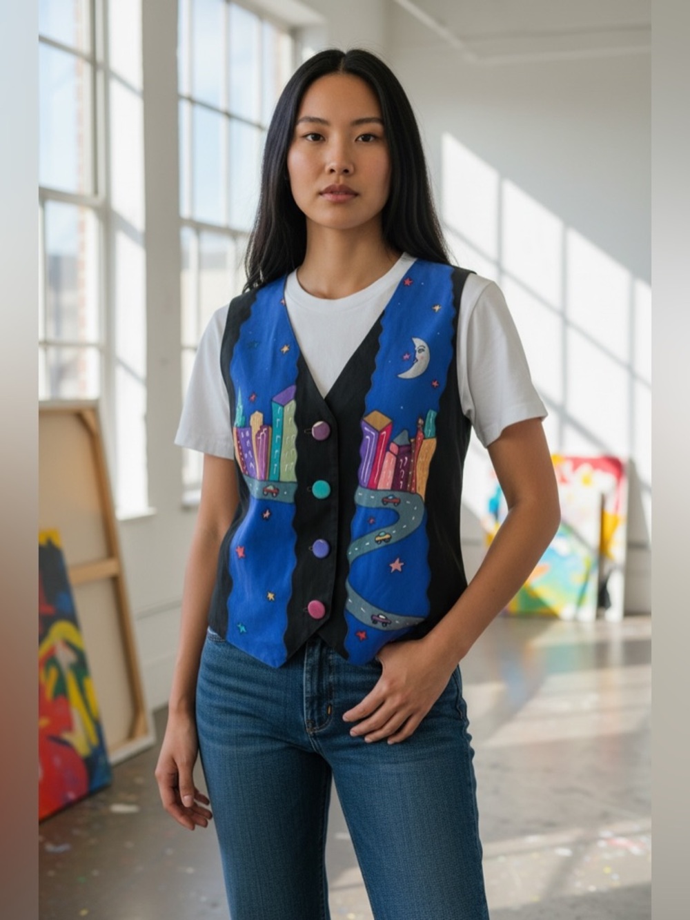HEATHER BELL DESIGNS colorful retro vest 100% silk